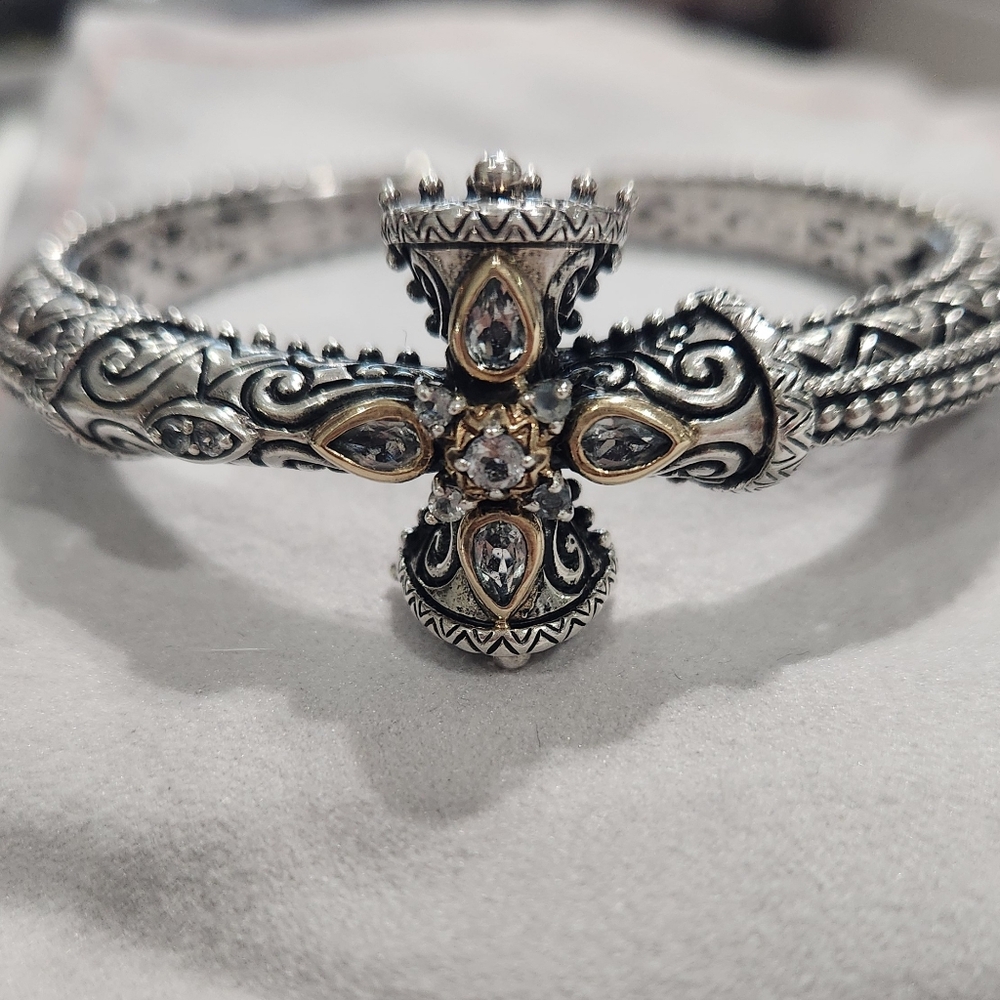 Barbara Bixby Bold .925 Silver, 18k Gold w/ White Topaz Gemstone Hinged Cuff - Picture 3 of 11